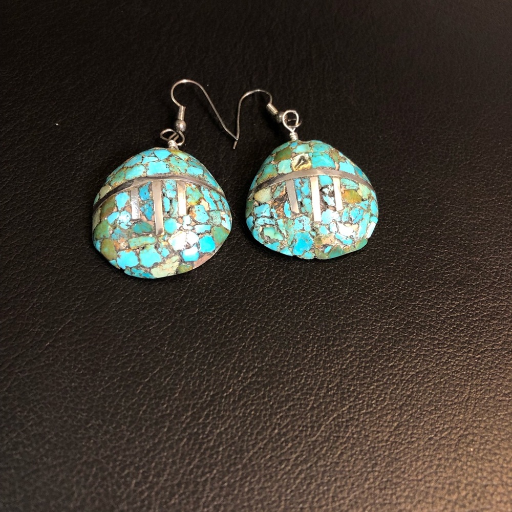 Santo Domingo Pueblo Native American Turquoise and silver mosaic shell earrings